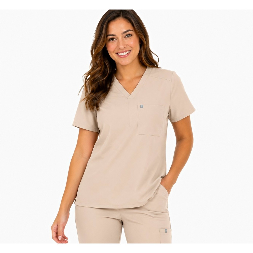 Fabletics Scrub Top XL Beige V-Neck Short Sleeve